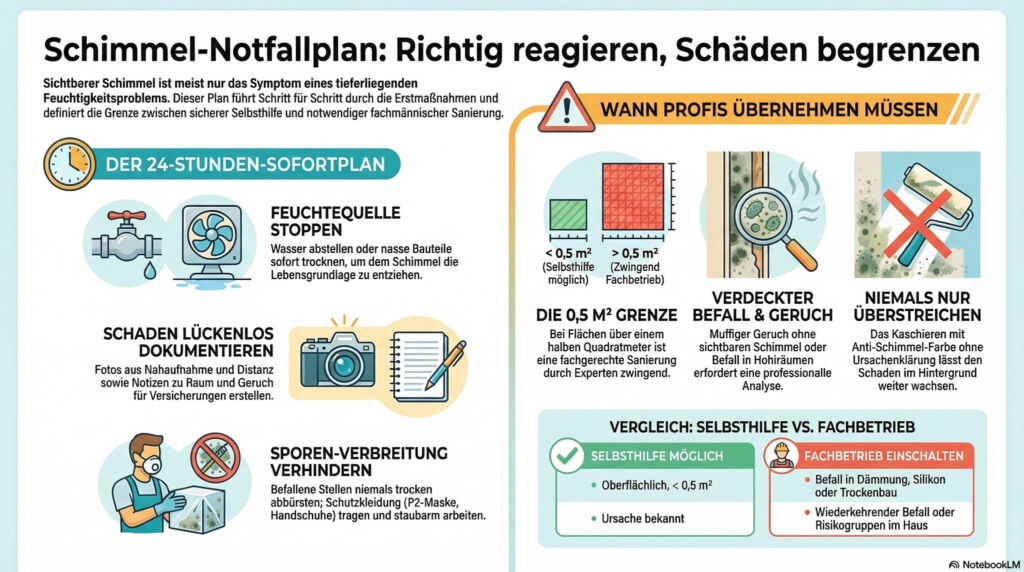 Infografik zum Schimmelpilz-Notfallplan mit Sofortmaßnahmen, Tipps, wann eine Malerfirma oder ein Maler Braunschweig zu rufen ist, und ein Vergleich zwischen Selbstbau und professioneller Schimmelbeseitigung.