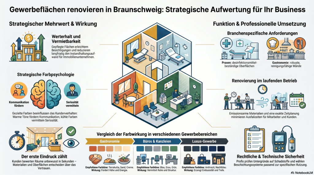 Infografik über die Renovierung von Geschäftsräumen in Braunschweig, die strategische Vorteile, Renovierungsschritte, Farbpsychologie, branchenübergreifende Auswirkungen und technische Anforderungen mit illustrierten Symbolen und einem zentralen Bild von segmentierten Büroräumen zeigt.